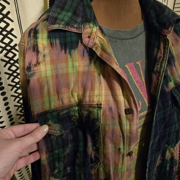 Fall Outfit Combo! Nirvana Tee & Tie Dye Plaid Button Up Shirt - Picture 8 of 11